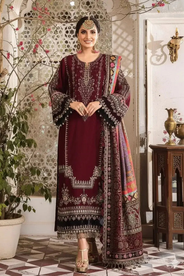 Maroon Dhanak 3-piece unstitched dress with ivory embroidery and a multicolour bordered shawl, front styling view