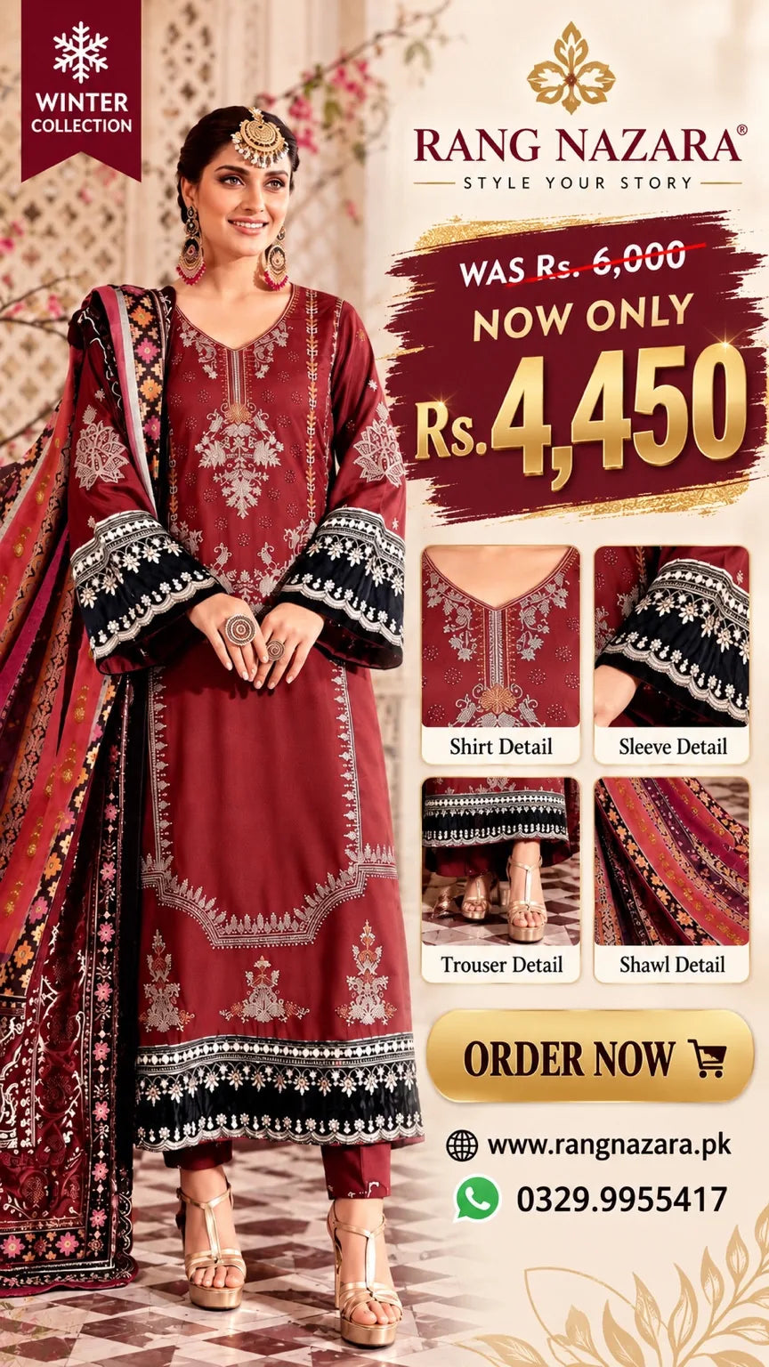 Rang Nazara promotional image for the maroon Dhanak 3-piece unstitched dress priced at Rs. 4,450