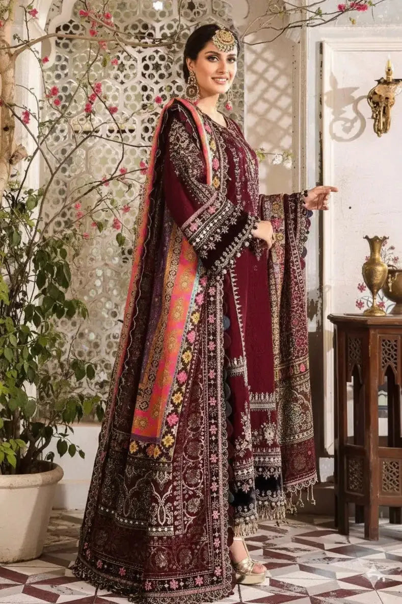 Side styling view of the maroon and ivory Dhanak 3-piece unstitched dress with patterned shawl