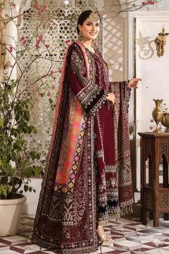 Side styling view of the maroon and ivory Dhanak 3-piece unstitched dress with patterned shawl