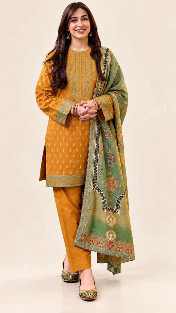 Mustard Dhanak 3-piece unstitched dress with green neckline embroidery, matching trousers and an olive-green printed dupatta, front styling view