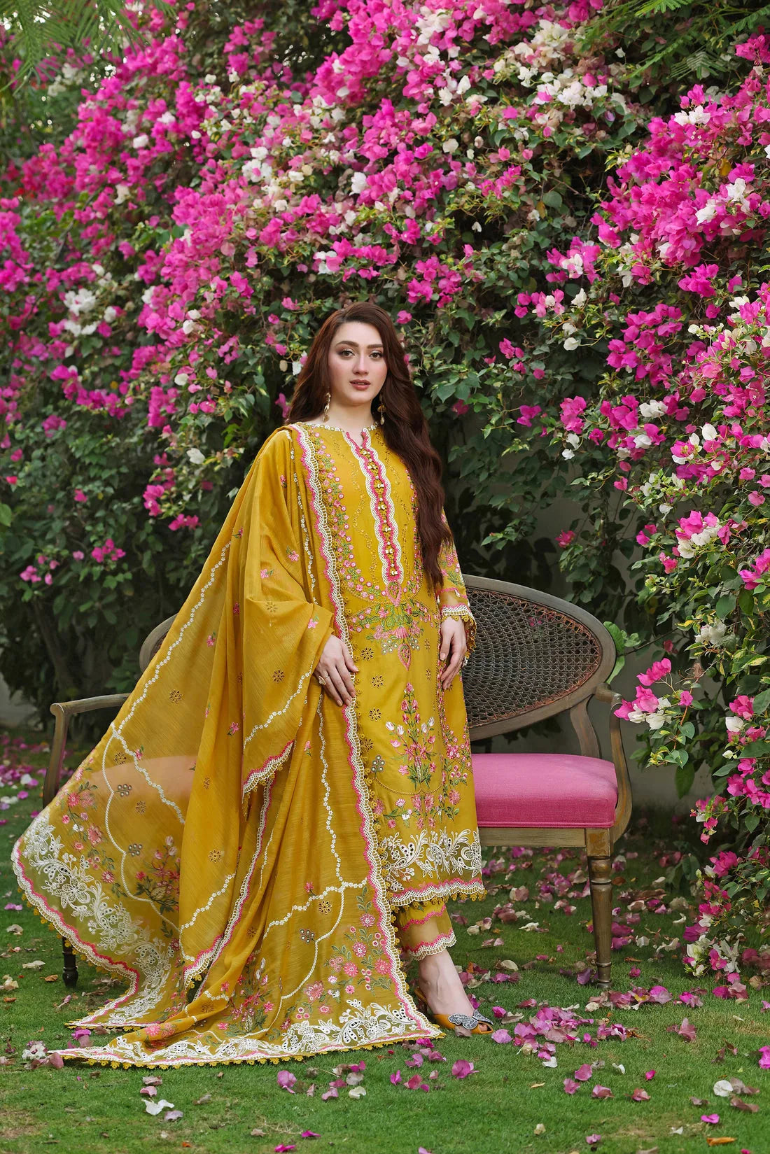 Mustard yellow Dhanak 3-piece unstitched dress showing matching floral dupatta and full styling view