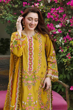 Mustard yellow Dhanak dress with pink and green floral embroidery and decorative neckline