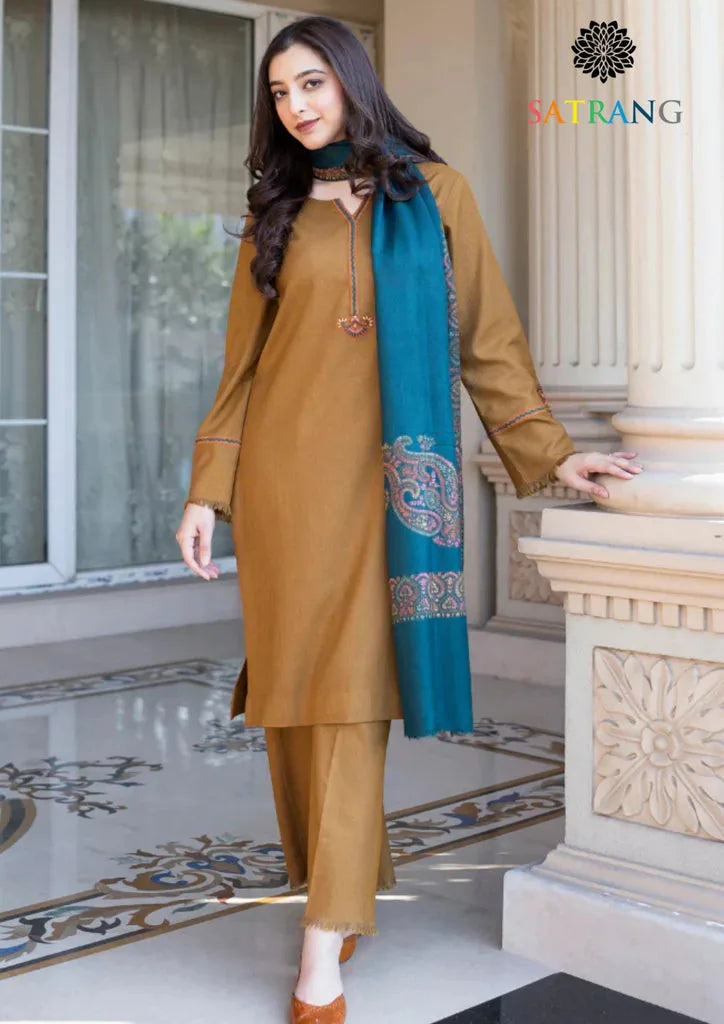 Mustard Dhanak unstitched 3-piece dress with teal shawl, angled view