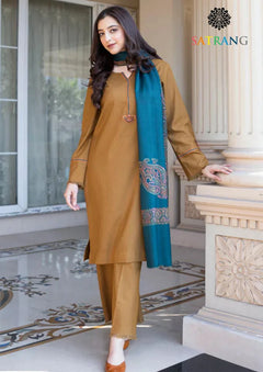 Mustard Dhanak unstitched 3-piece dress with teal shawl, angled view