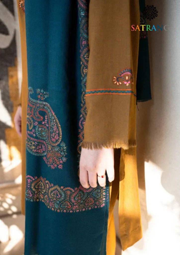 Mustard Dhanak unstitched 3-piece dress with teal shawl, sleeve and shawl detail