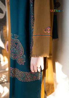 Mustard Dhanak unstitched 3-piece dress with teal shawl, sleeve and shawl detail
