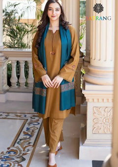 Mustard Dhanak unstitched 3-piece dress with teal shawl, front view