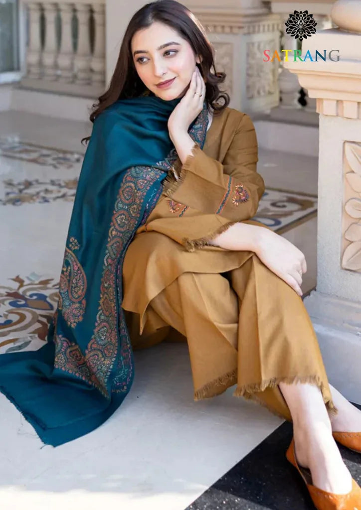 Mustard Dhanak unstitched 3-piece dress with teal shawl, shawl styling
