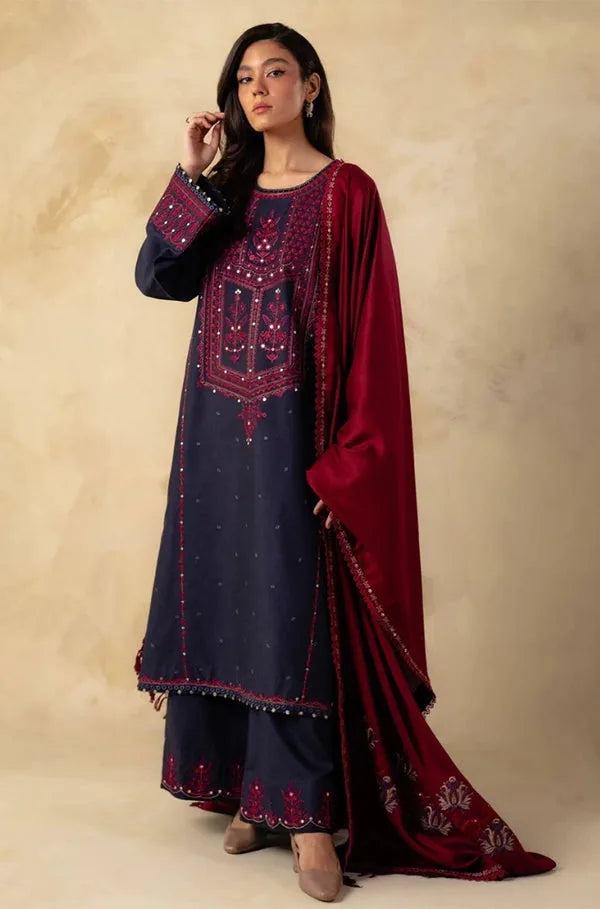 Navy Dhanak unstitched 3-piece dress with maroon embroidery and maroon shawl, angled view
