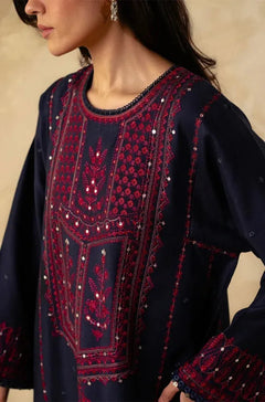 Navy Dhanak unstitched 3-piece dress with maroon embroidery and maroon shawl, neckline embroidery detail