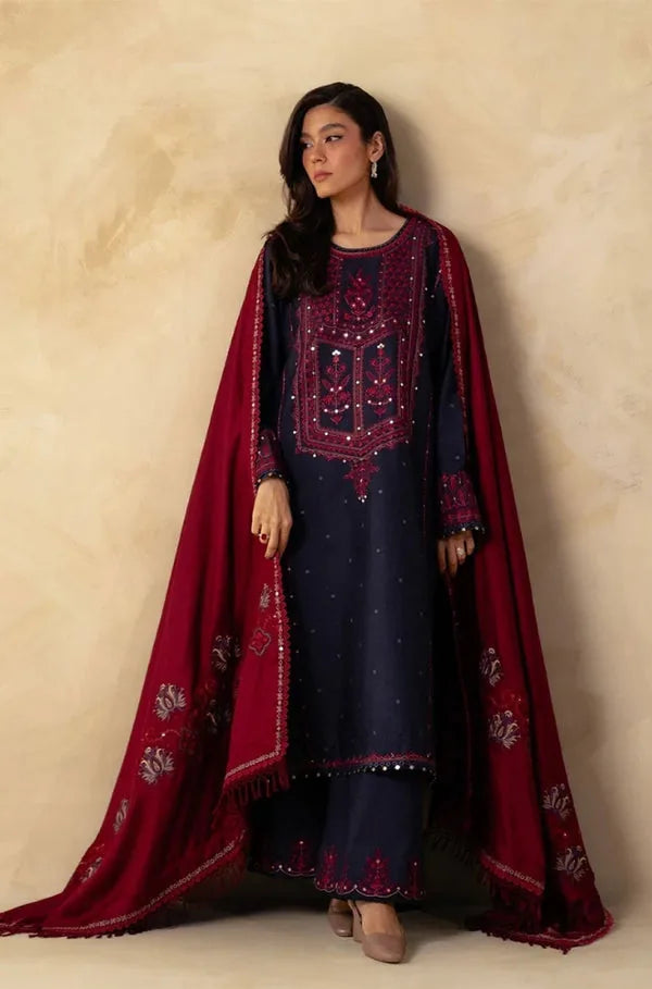 Navy Dhanak unstitched 3-piece dress with maroon embroidery and maroon shawl, front view