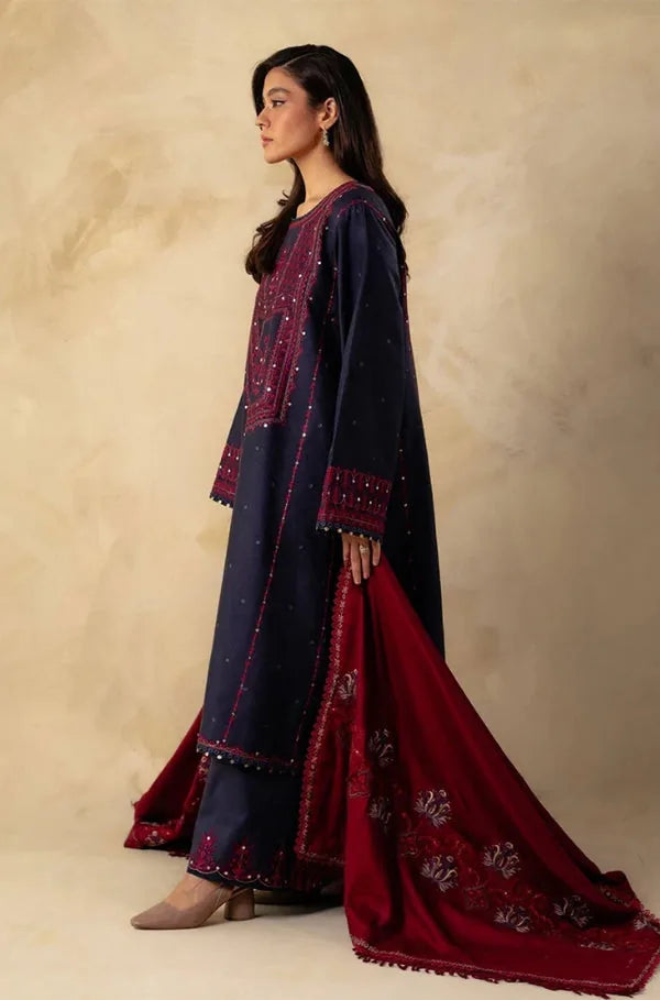 Navy Dhanak unstitched 3-piece dress with maroon embroidery and maroon shawl, side view