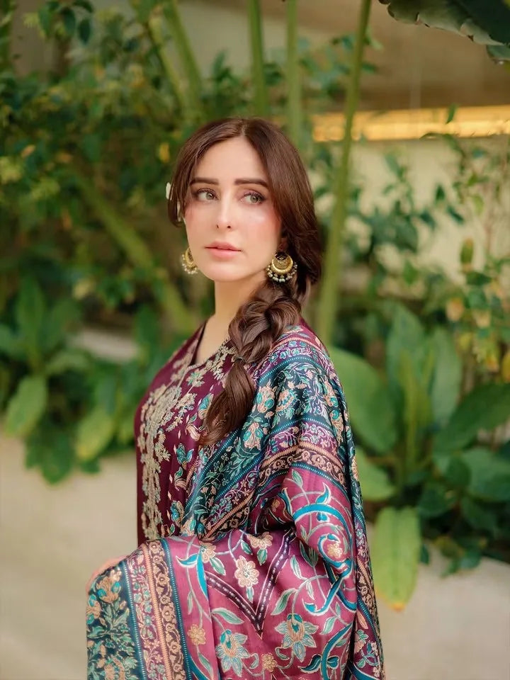 Teal and pink botanical floral dupatta paired with plum Dhanak embroidered dress, side styling detail