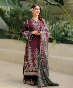 Plum Dhanak embroidered 3-piece unstitched dress with matching trousers and teal floral dupatta, full front styling view