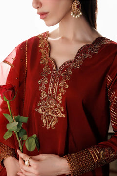 Close-up of gold floral embroidery on the red Dhanak dress neckline and cuffs