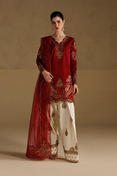 Red Dhanak embroidered 3-piece unstitched dress with gold detailing and ivory trousers, full front styling view