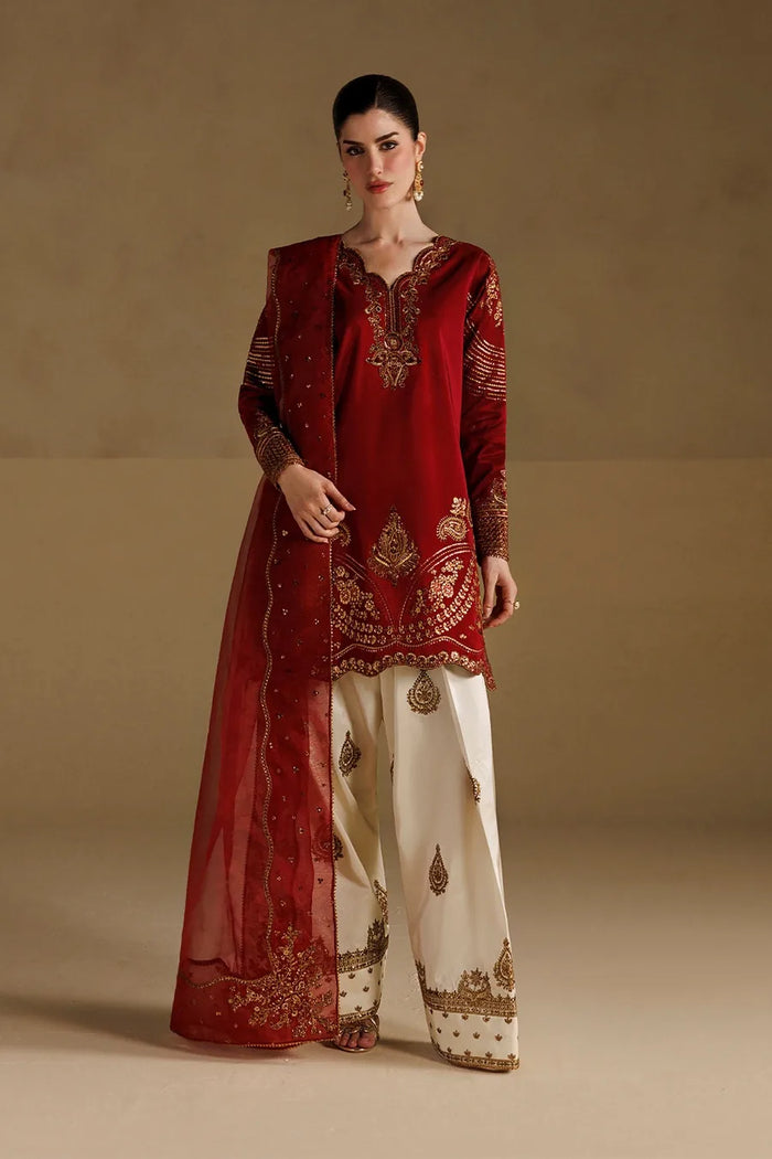 Red Dhanak embroidered 3-piece unstitched dress with gold detailing and ivory trousers, full front styling view