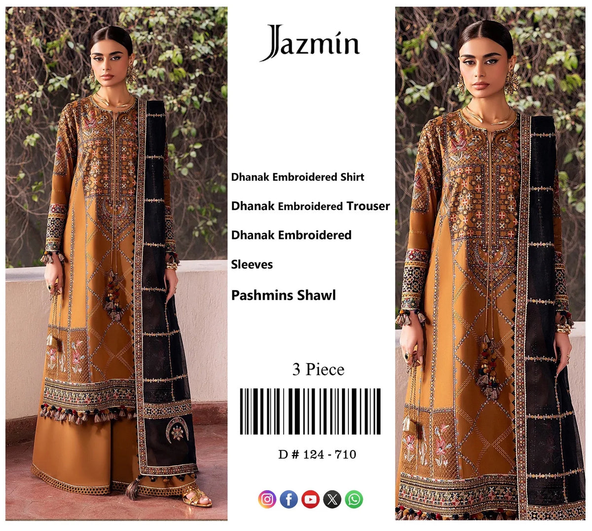 Design 124-710 detail card showing Dhanak embroidered shirt, sleeves, trouser and Pashmina shawl
