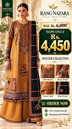 Rang Nazara Winter Collection mustard Dhanak 3-piece dress offer at Rs. 4,450