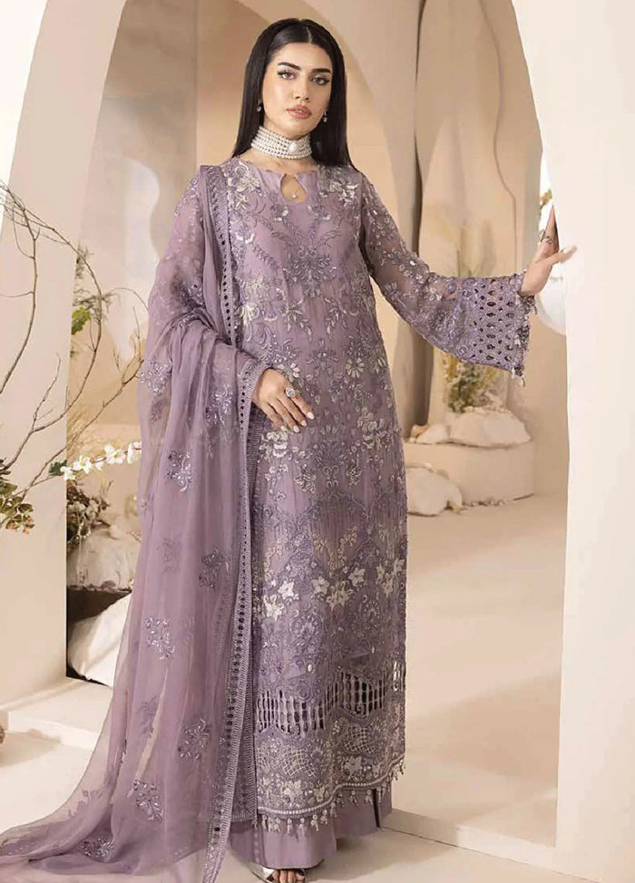 D-07 Mauve unstitched embroidered chiffon 3-piece suit, full-length front styling view