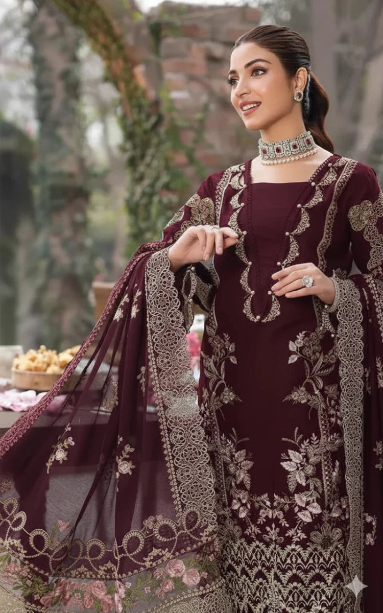 KAHF 3PC UNSTITCHED lawn 90/70 EMBROIDERED WITH EMBROIDERED SHAWL & PLAIN lawn 90/70 TROUSER LYA-5216 - Rang Nazara