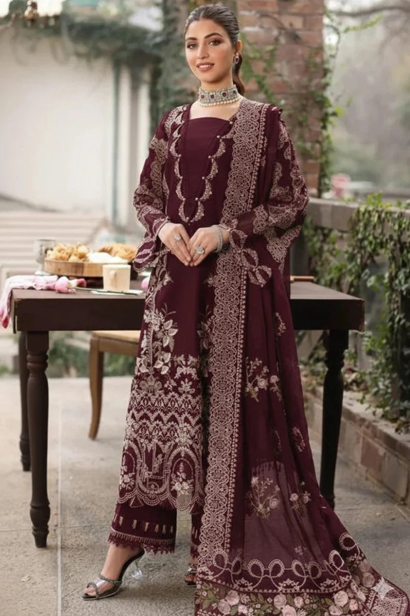 KAHF 3PC UNSTITCHED lawn 90/70 EMBROIDERED WITH EMBROIDERED SHAWL & PLAIN lawn 90/70 TROUSER LYA-5216 - Rang Nazara