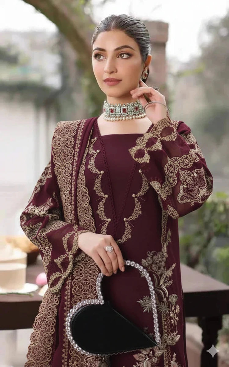 KAHF 3PC UNSTITCHED lawn 90/70 EMBROIDERED WITH EMBROIDERED SHAWL & PLAIN lawn 90/70 TROUSER LYA-5216 - Rang Nazara
