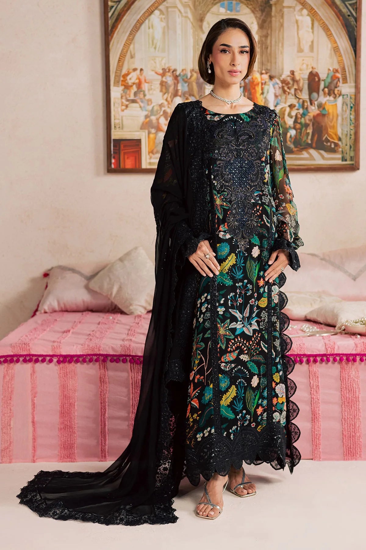 Black Khadar 3-piece unstitched dress with multicolour floral print and black embroidery, full front styling view