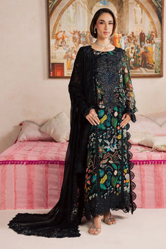Black Khadar 3-piece unstitched dress with multicolour floral print and black embroidery, full front styling view