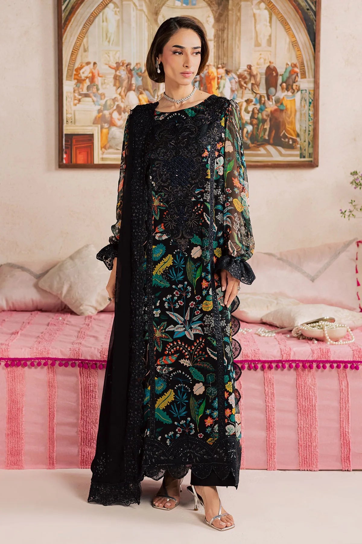Black multicolour floral Khadar unstitched dress with black dupatta, standing styling view