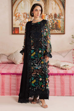 Black multicolour floral Khadar unstitched dress with black dupatta, standing styling view