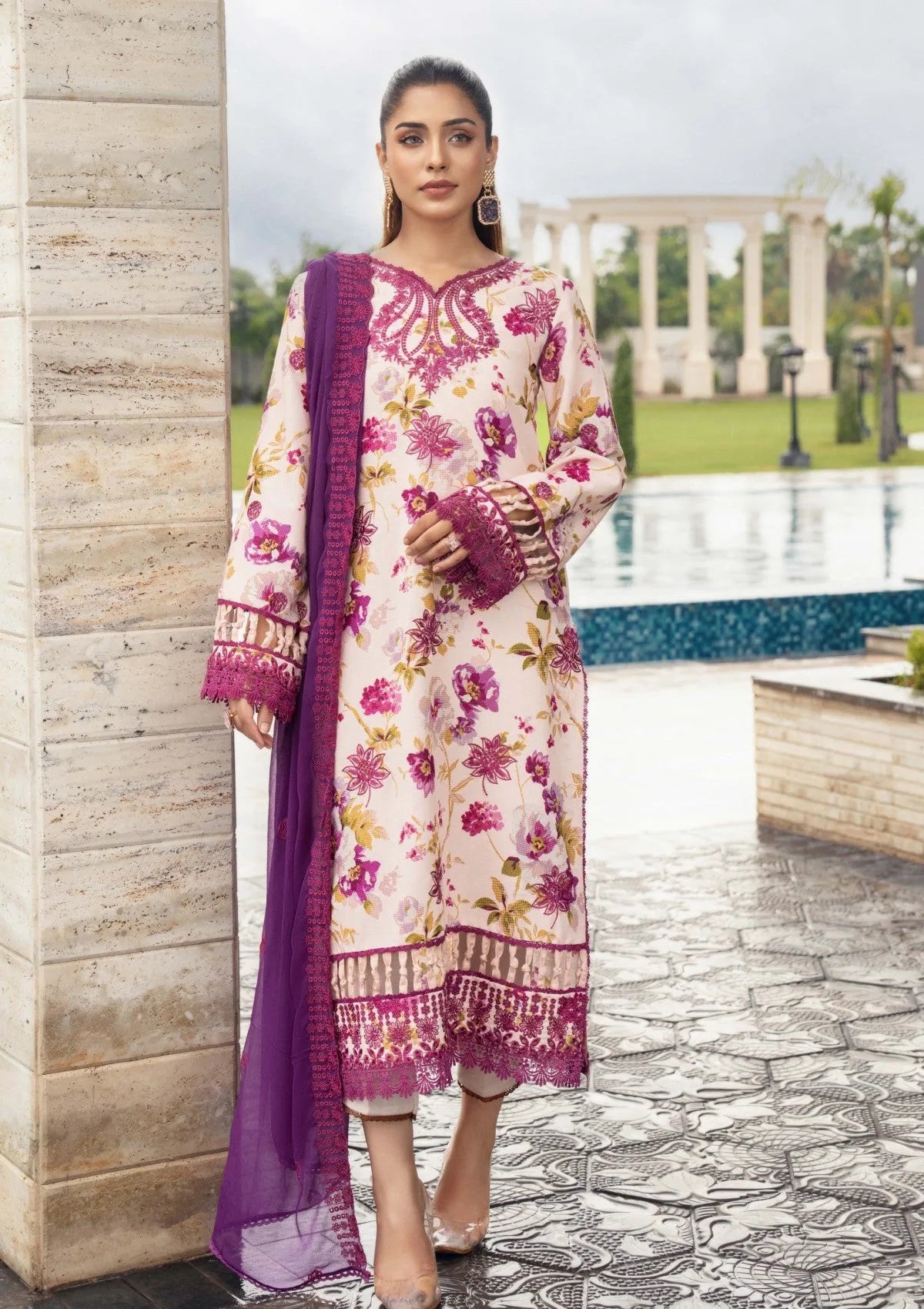 Cream and plum floral Khadar 3-piece unstitched dress with plum dupatta, full front styling view