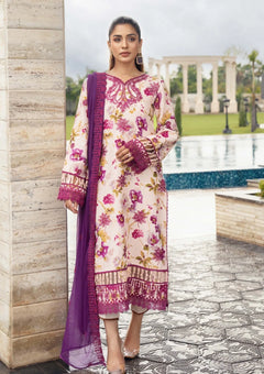 Cream and plum floral Khadar 3-piece unstitched dress with plum dupatta, full front styling view