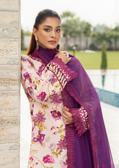 Plum neckline and sleeve embroidery on cream floral Khadar 3-piece unstitched dress, close-up view