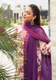 Cream floral Khadar unstitched dress with plum dupatta and decorative border, side detail view