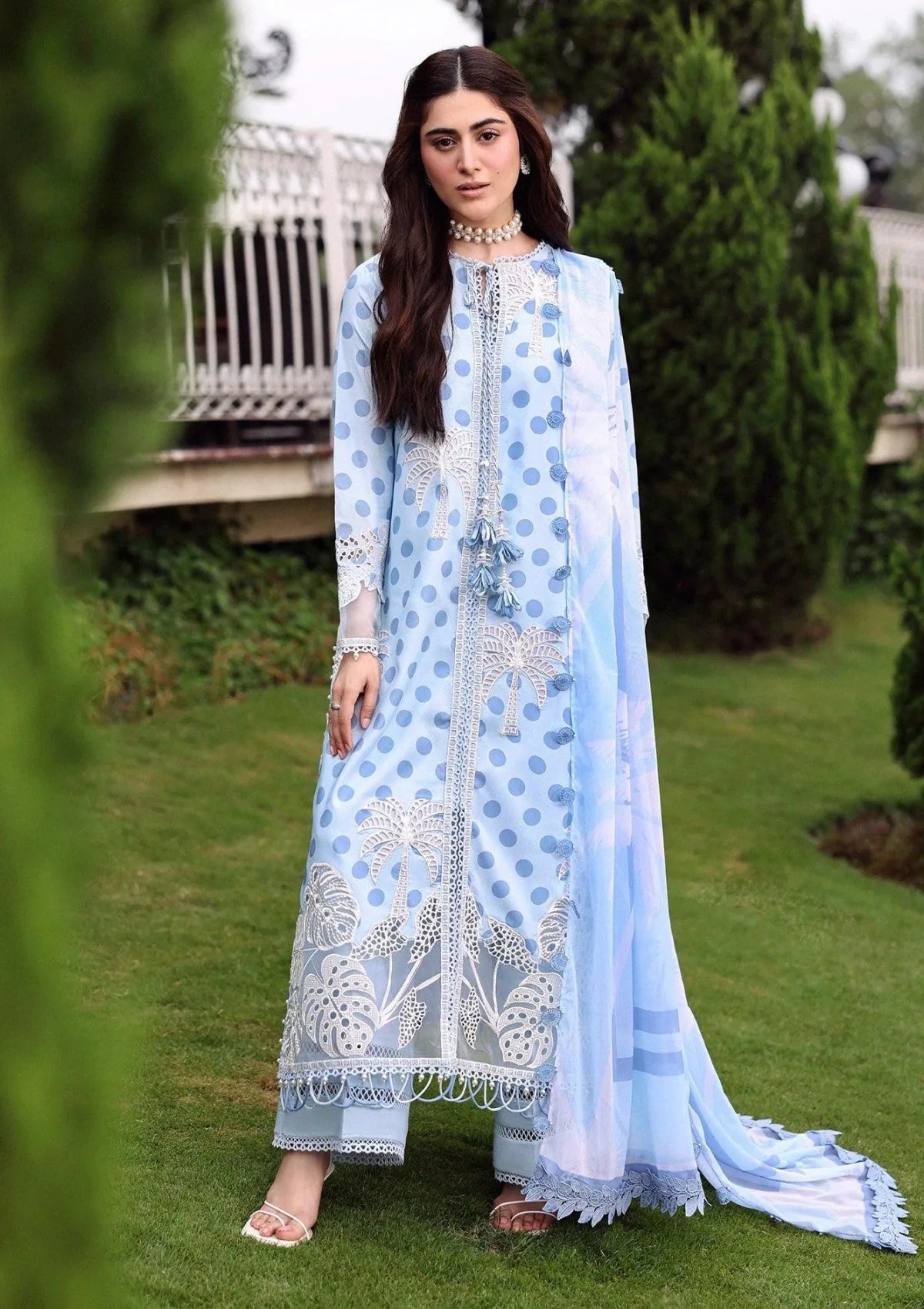 Light blue and white Khadar 3-piece unstitched dress with white embroidery and blue dupatta, full front styling view