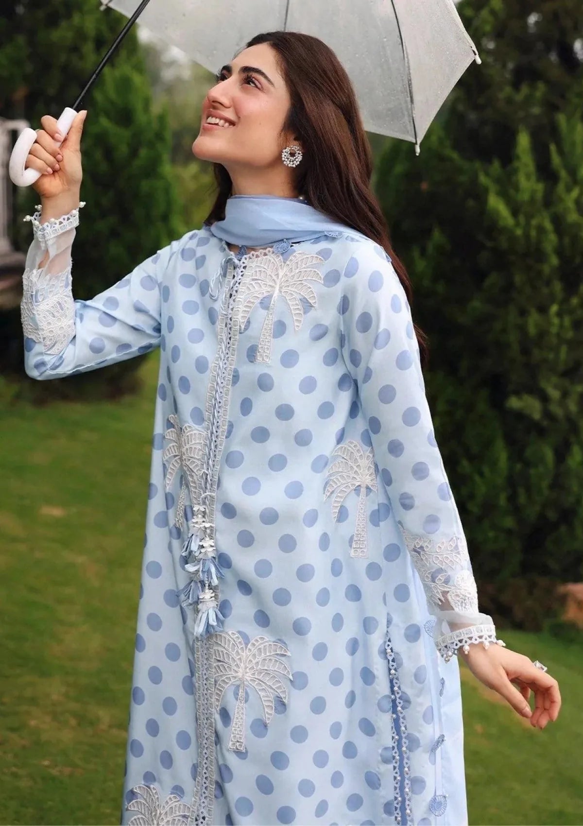 Light blue and white Khadar unstitched dress, close-up of embroidered neckline and sleeves