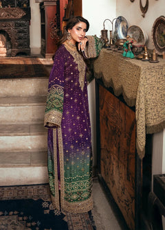 Purple and green Khadar embroidered 3-piece unstitched dress with gold-tone detailing, full front styling view