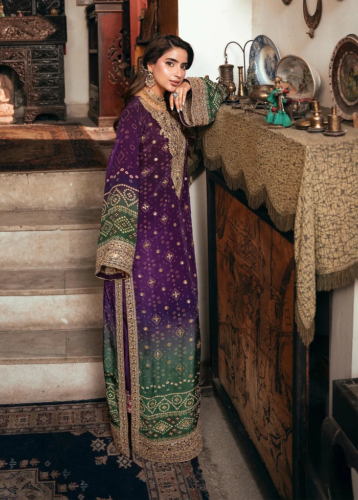 Purple and green Khadar embroidered 3-piece unstitched dress with gold-tone detailing, full front styling view