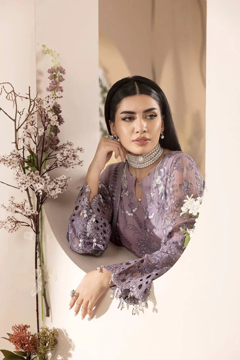 LAVISH - 3PC UNSTITCHED CHIFFON EMBROIDERED WITH EMBROIDERED DUPATTA AND TROUSER - Mauve - Rang Nazara