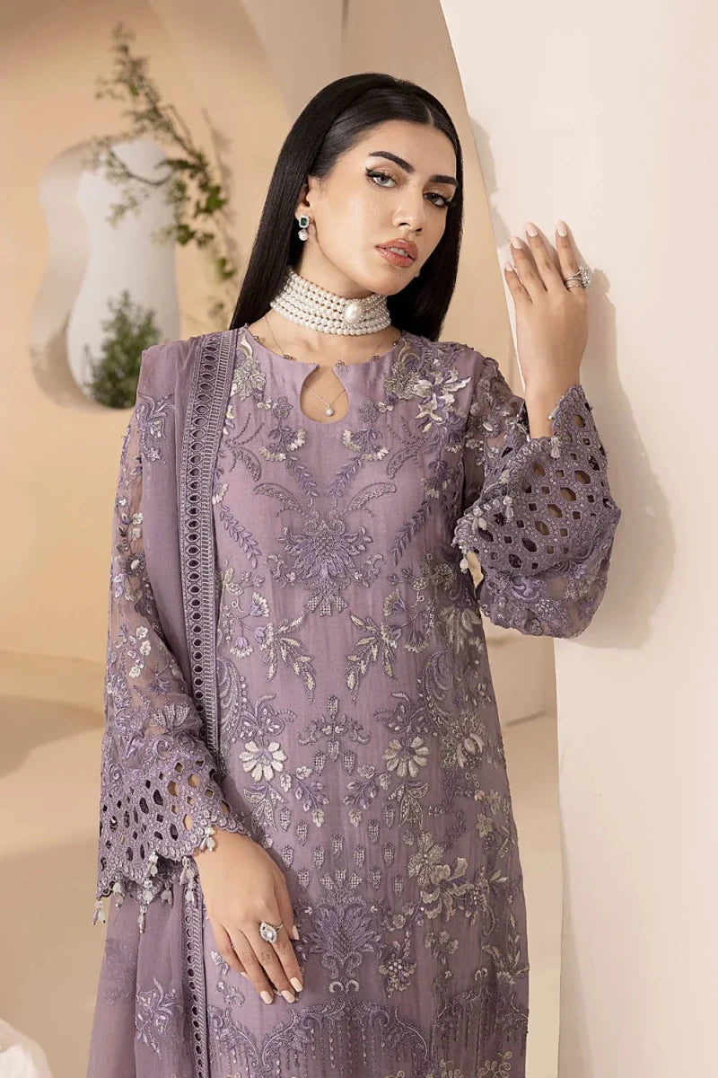 LAVISH - 3PC UNSTITCHED CHIFFON EMBROIDERED WITH EMBROIDERED DUPATTA AND TROUSER - Mauve - Rang Nazara