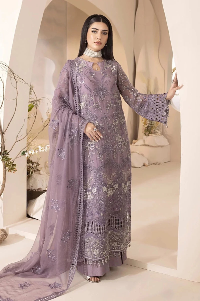 LAVISH - 3PC UNSTITCHED CHIFFON EMBROIDERED WITH EMBROIDERED DUPATTA AND TROUSER - Mauve - Rang Nazara